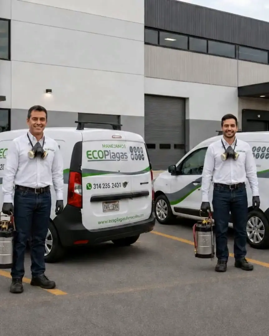 Equipo de técnicos de Fumigaciones Ecoplagas de México con sus camionetas en Chihuahua
