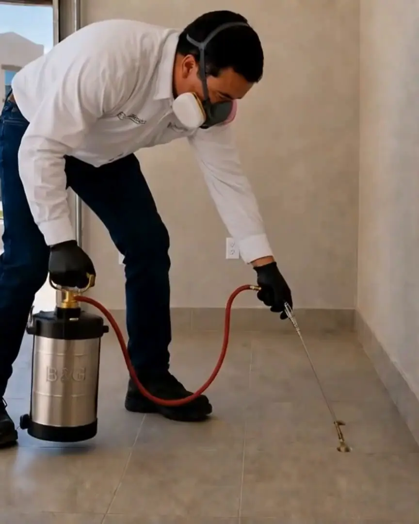Técnico de Ecoplagas fumigando el perímetro de una casa en Chihuahua contra alacranes y arañas