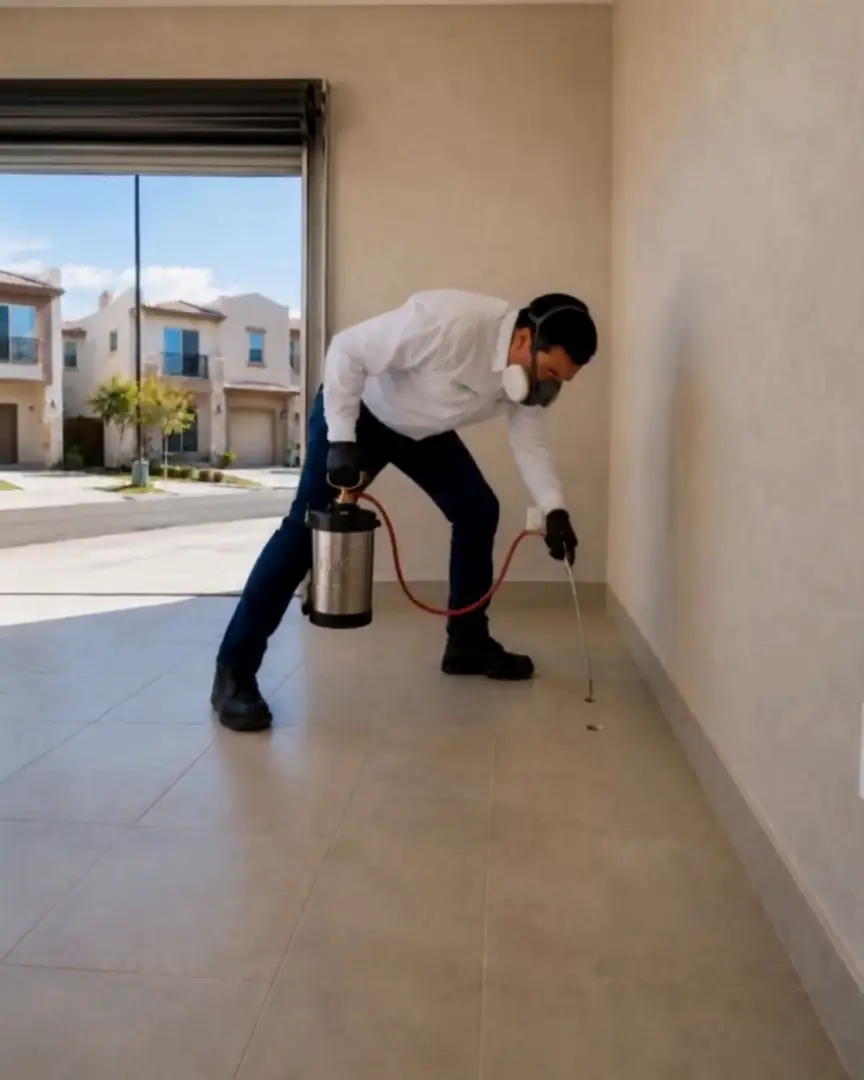 Técnico de Ecoplagas fumigando la orilla piso-pared de una casa en Chihuahua contra chinches