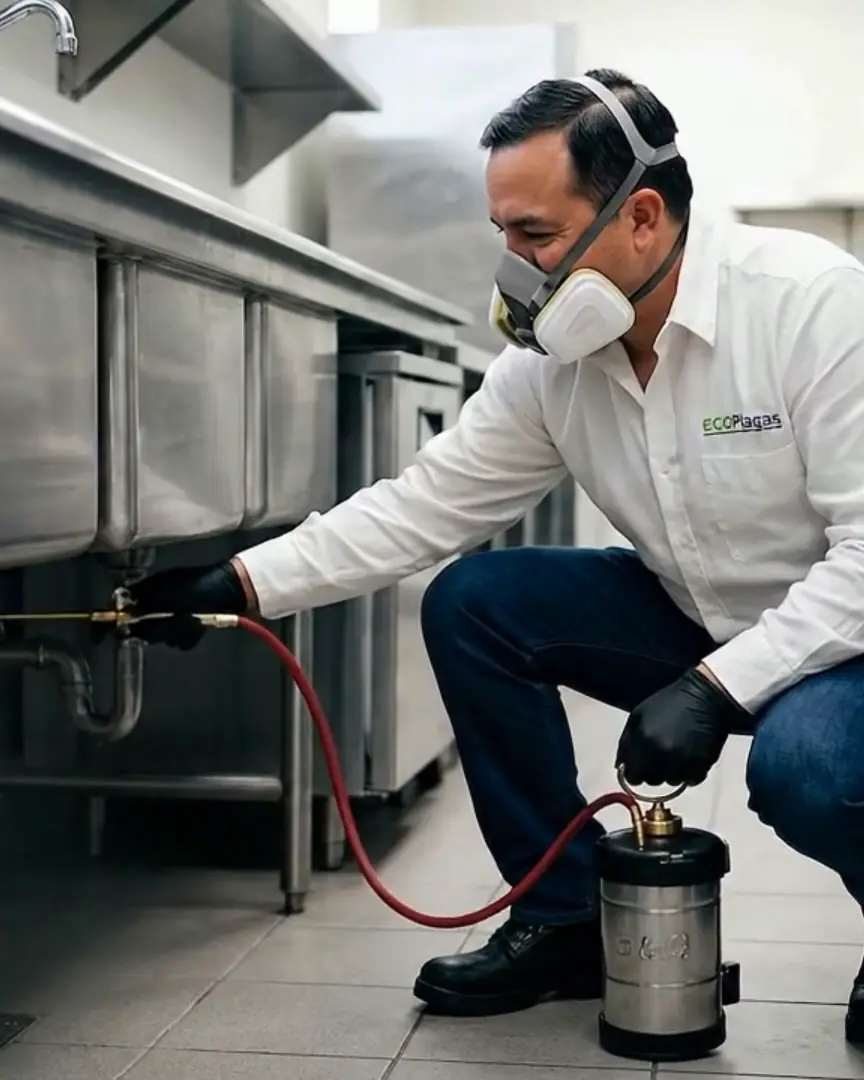 Técnico de Ecoplagas fumigando cucarachas bajo la tarja de una cocina en Chihuahua