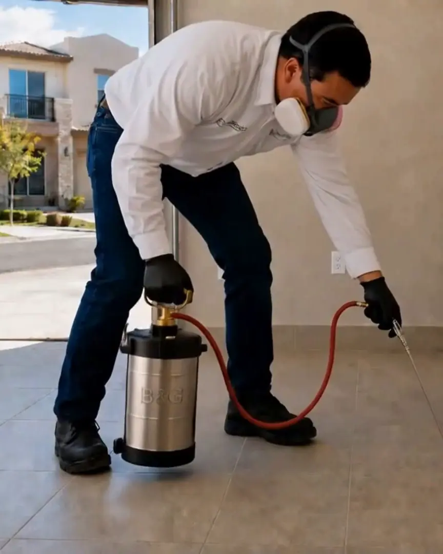 Técnico de Ecoplagas fumigando garrapatas en la orilla piso-pared de una casa en Chihuahua