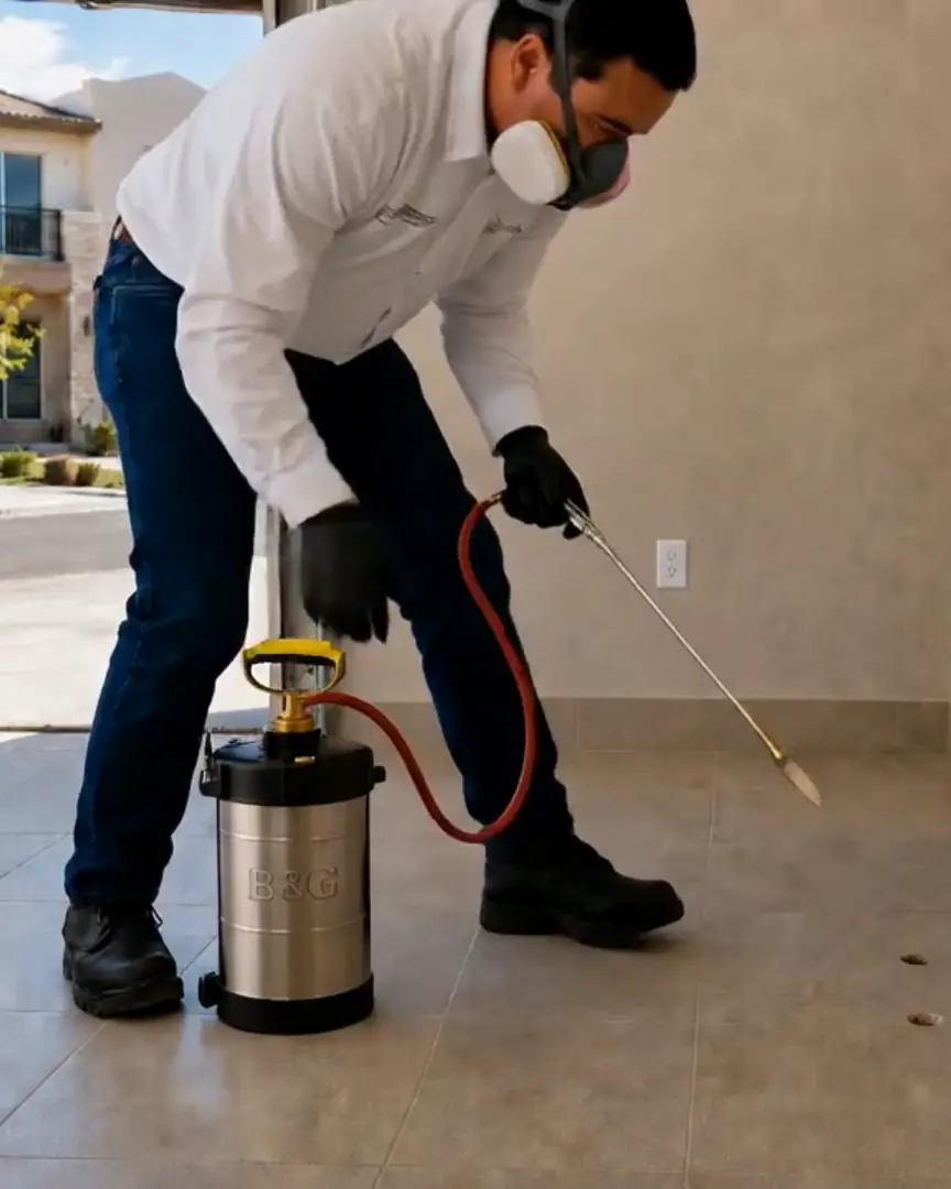 Técnico de Ecoplagas aplicando tratamiento antitermita junto al zoclo de una casa en Chihuahua