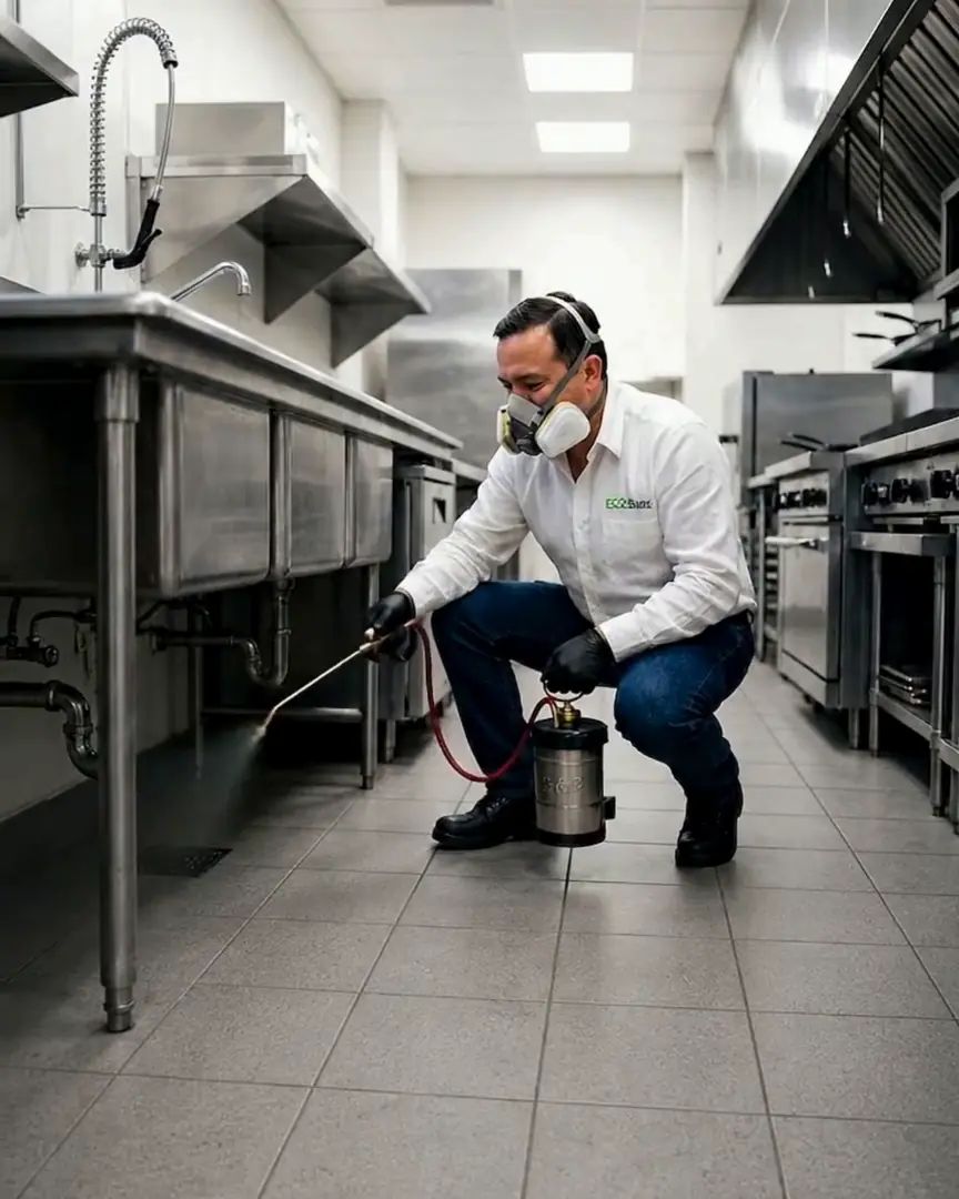 Técnico de Ecoplagas aplicando tratamiento en cocina industrial de Chihuahua