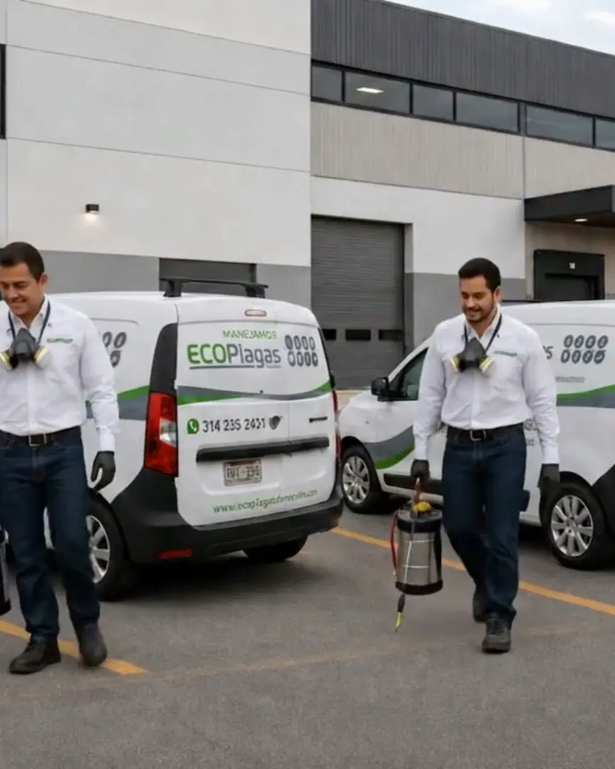 Técnicos de Ecoplagas de México con camionetas de servicio en Chihuahua